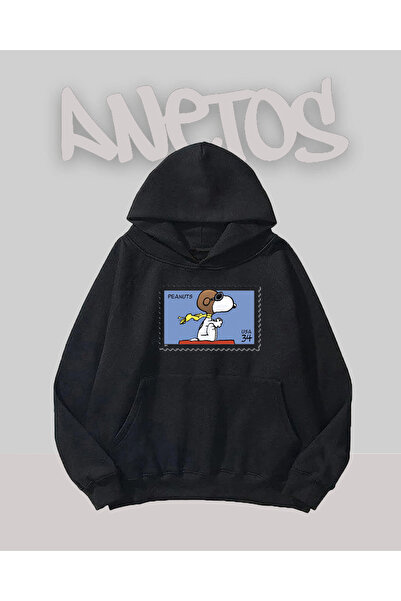 Anetos Pulover cu imprimeu frontal negru design Snoopy Peanuts