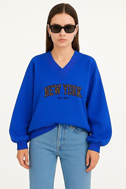 E-ROMA SWEATSHIRT UNISEX CU DECUPAJ ÎN V IMPRIMAT NEW YORK