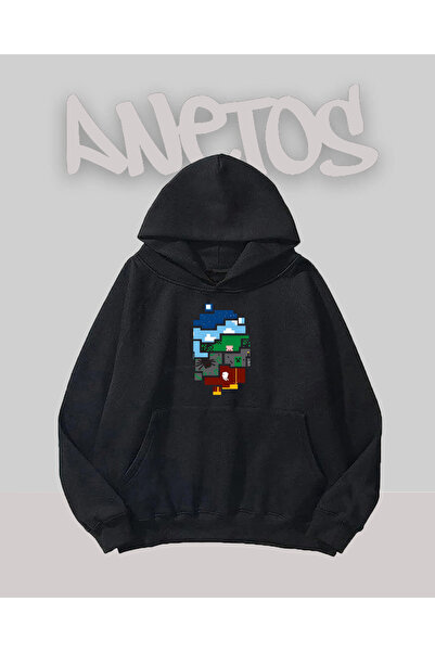 Anetos Mınecarft World Design Sweatshirt Negru cu Imprimat pe Față