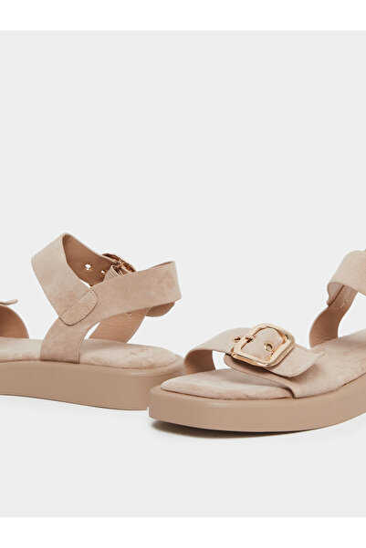 Styli Beige Buckle Flat Sandals