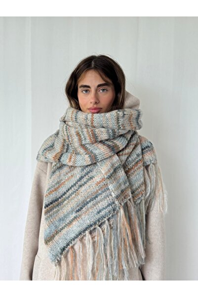 Retrobird Eșarfă tricotată moale de dimensiuni mari pentru femei, albastru cenușă