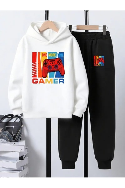 buendiakids Σετ φούτερ με κουκούλα για κορίτσια/αγόρια σε λευκό-μαύρο χρώμα Gamer με στάμπα κονσόλας