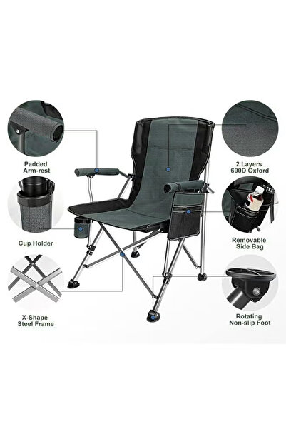 Cady One Folding Camping Chair with Side Storage Pocket, Cup Holder and Padded Armrest