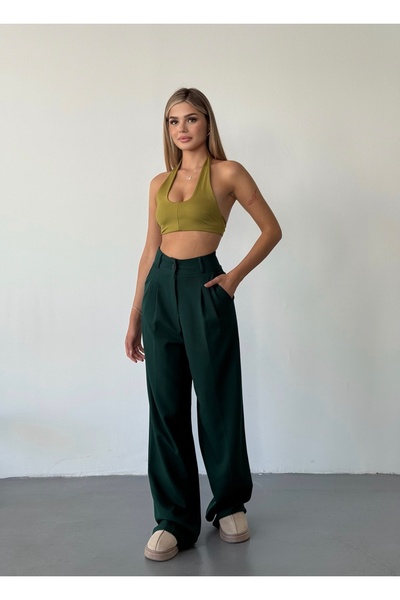 BEJNA Dámské zelené kalhoty Palazzo s detaily plisování