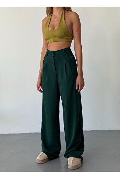 BEJNA Dámské zelené kalhoty Palazzo s detaily plisování