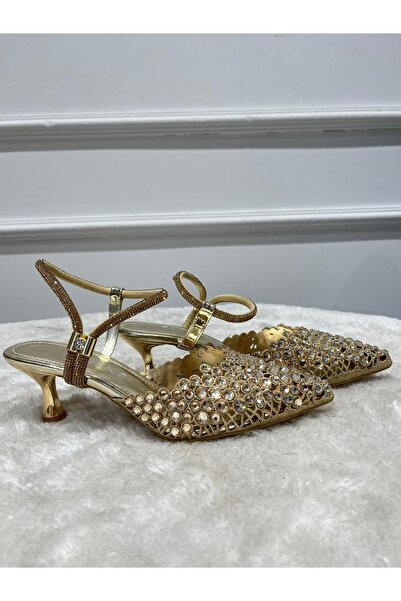 RUXENE PARLA KRİSTAL TAŞLI GOLD GÜMÜŞ 4 CM İNVE TOPUKLU TOPUK DEKOLTELİ SİVRİ...