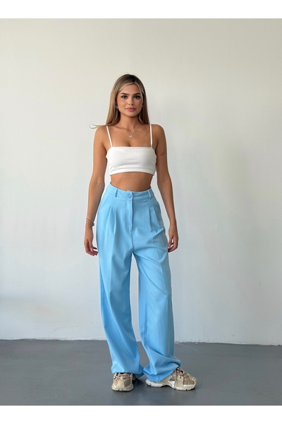 BEJNA Blaue Palazzo-Hose mit Falten und Paspelierung für Damen