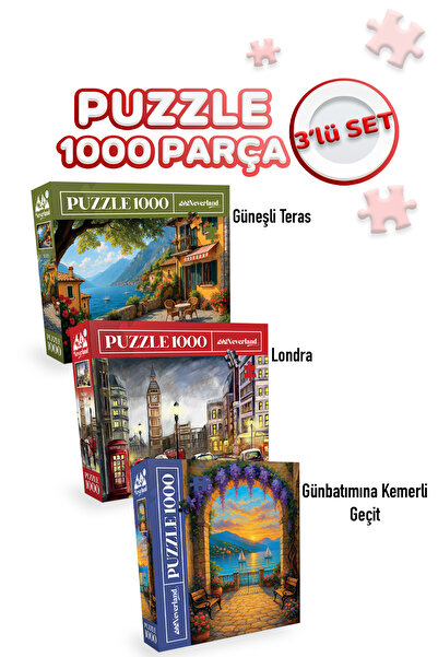 Neverland 3 ADET 1000 PARÇA PUZZLE - GÜNEŞLİ TERAS VE LONDON VE GÜNBATIMINA K...