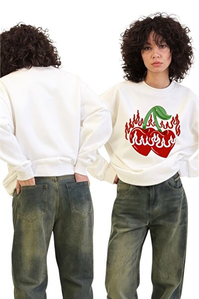 ArtYus Mânecă lungă unisex Flaming Cherry Transfer cu imprimeu guler rotund piese Swea tricou