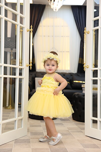 MİSS RAİN Gathered Star Patterned Embroidered Tulle Baby Girl Dress