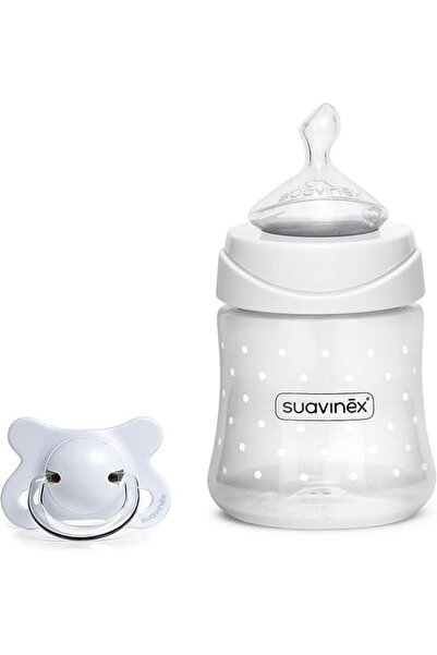 Suavinex 2-piece baby feeding set, 150 ml bottle with nipple and pacifier - 2/4 months, white,
