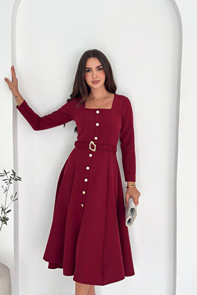 Neşeli Butik kadın kemerli düğme detaylı kare yaka örme elbise NBK4314