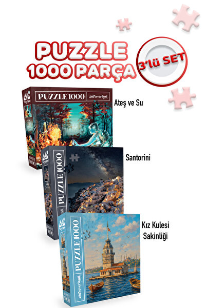 Neverland 3 ADET 1000 PARÇA PUZZLE - ATEŞ VE SU VE SANTORINI VE KIZ KULESİ SA...