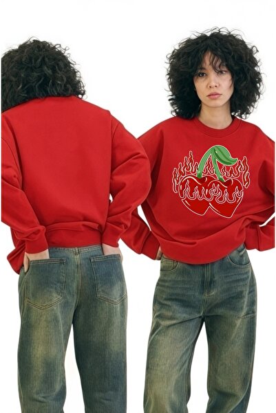 ArtYus Mânecă lungă unisex Flaming Cherry Transfer cu imprimeu guler rotund piese Swea tricou