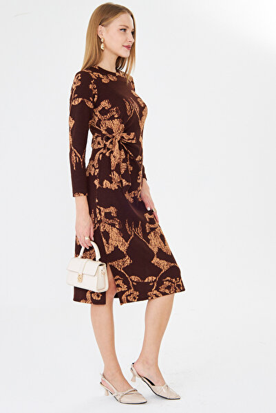 armonika Women's Coffee-Beige Crew Neck Side Tie Bodycon Midi Length Lycra Dress Arm-26K001001