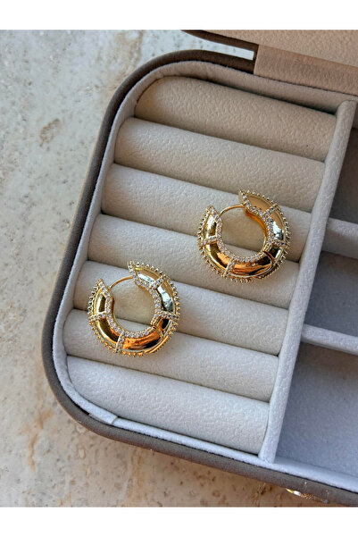 Serenity Atelier Yeni Sezon Gold Zirkon Taş Detaylı Halka Mary Küpe (2cm)
