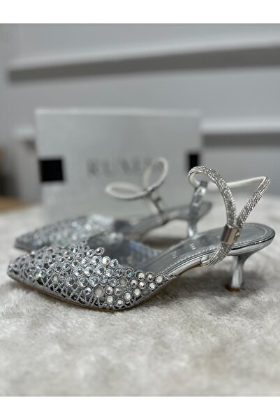 RUXENE PARLA KRİSTAL TAŞLI GOLD GÜMÜŞ 4 CM İNVE TOPUKLU TOPUK DEKOLTELİ SİVRİ...