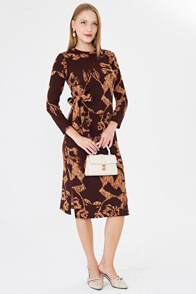 armonika Women's Coffee-Beige Crew Neck Side Tie Bodycon Midi Length Lycra Dress Arm-26K001001