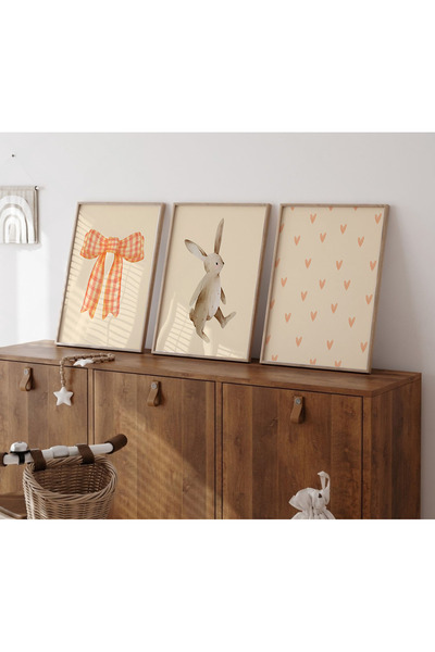 POSTER (ÇERÇEVESİZ) 3'lü Vintage Tavşanlı Çocuk Odası Posteri, Çerçevesiz set...