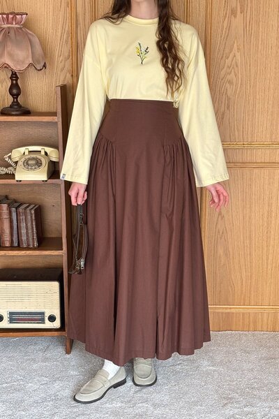 Ceylan Otantik Bitter Brown Pleated Detail Skirt