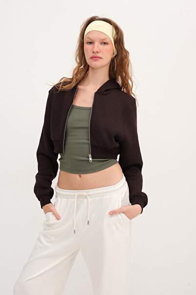 Addax Şardonlu Kapüşonlu Crop Sweatshirt H1526-T9
