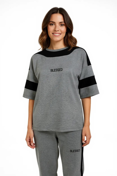 NEWCO Γυναικείο Σετ Φόρμας Oversize με Χρώματα Γκρι και Μαύρο με Επιγραφές