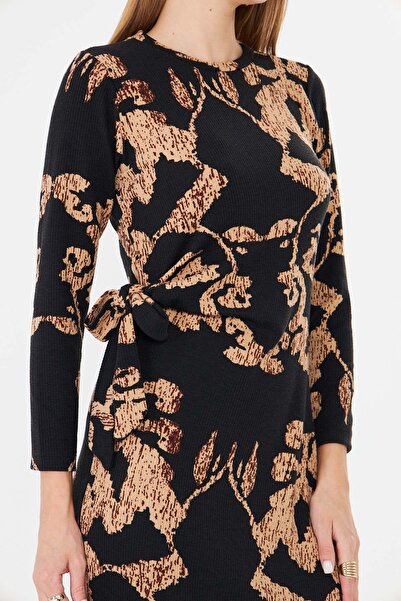 armonika Women's Black-Beige Crew Neck Side Tie Bodycon Midi Length Lycra Dress Arm-26K001001