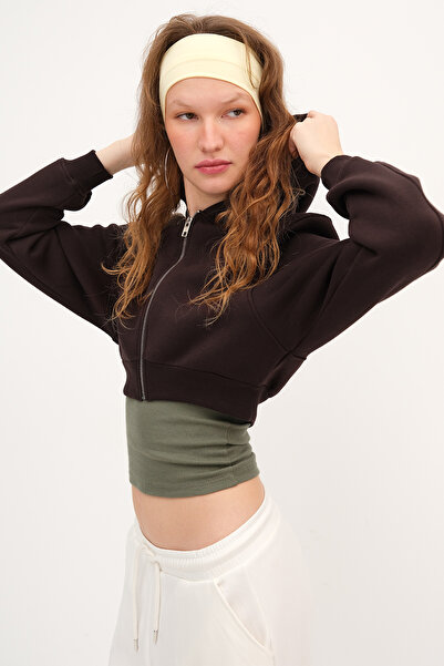 Addax Şardonlu Kapüşonlu Crop Sweatshirt H1526-T9