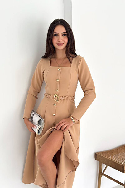 Neşeli Butik rochie tricotată cu curea pentru femei, cu detaliu cu nasturi, cu guler pătrat NBK4314