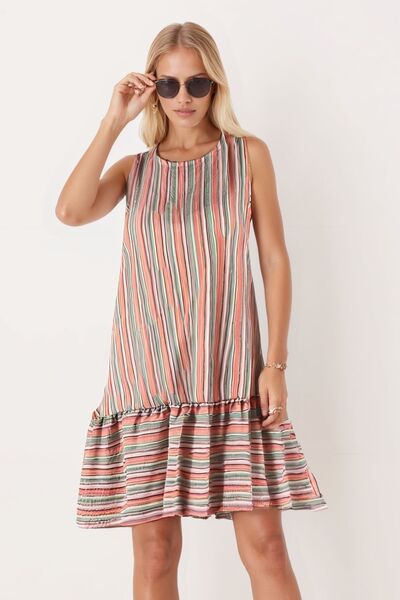 armonika Women's Orange-White Patterned Sleeveless Skirt Ruffled Dress Arm-22K001142