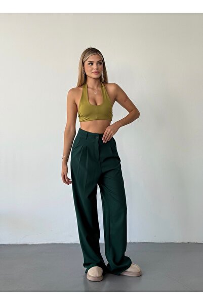 BEJNA Dámské zelené kalhoty Palazzo s detaily plisování