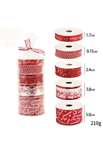Flippy Christmas Decorative Ribbon Set, 4 Ribbons + 1 Red-White Thread Roll, 2 m Each, Candy Pattern