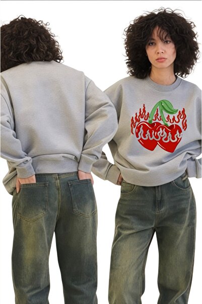 ArtYus Mânecă lungă unisex Flaming Cherry Transfer cu imprimeu guler rotund piese Swea tricou