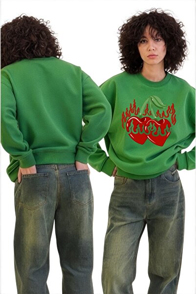 ArtYus Mânecă lungă unisex Flaming Cherry Transfer cu imprimeu guler rotund piese Swea tricou