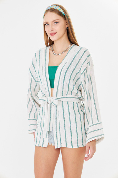 armonika Women's Dark Green Belted Kimono Arm-25Y001073