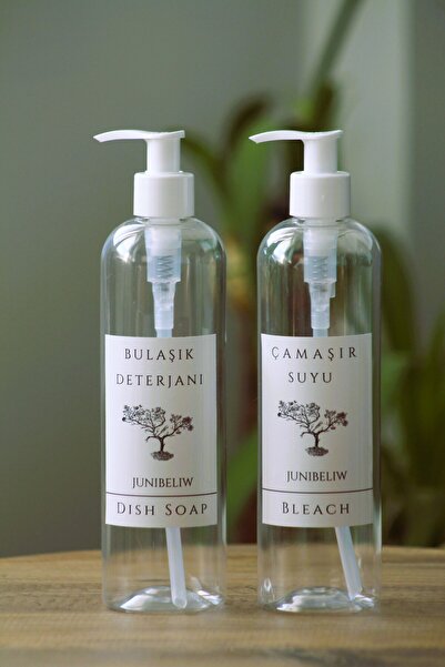 junibeliw 2 li set Şeffaf Plastik Şişe Bulaşık Deterjanlık Çamaşır Suyu 2X400ml Uzun Model