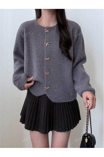 Samin كارديجان نسائي محبوك بأزرار على شكل فيونكة بقصة بيضاوية