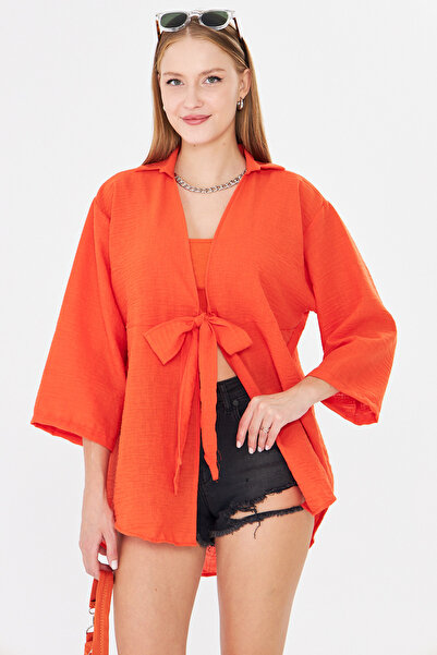 armonika Women's Orange Self-Striped Front Tie Kimono Shirt Arm-24Y001101