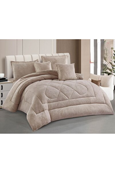 Roshen طقم مفرش 6 قطع نفرين شتوي حشوة وسط مخمل ناعم مع فرو سادة ذو وجهين خامة مخمل لحاف مقاس 250*230