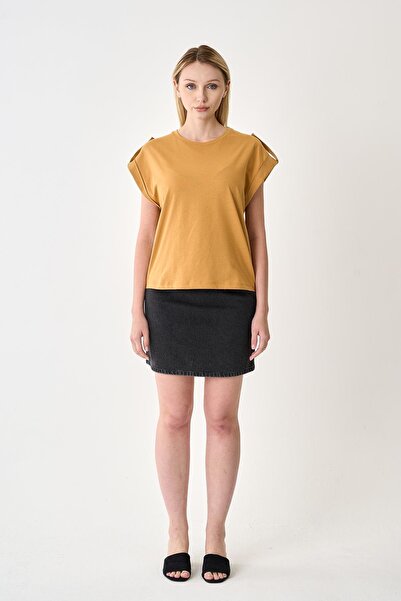 odelon Women's Epaulet 100% Cotton Mustard T-Shirt