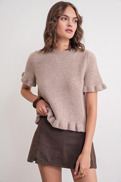 Mixray 6974 Γυναικείο πουλόβερ με βολάν από μάλλινο μείγμα με κοντό μανίκι Premium Mink Marn