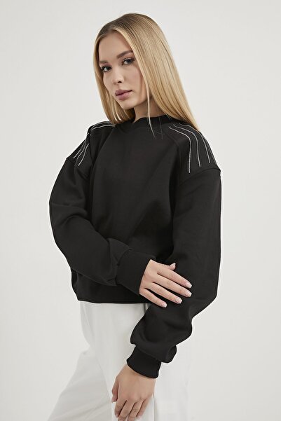 Arma Life Γυναικείο φούτερ με πέτρες στον ώμο Basic μαύρο oversize