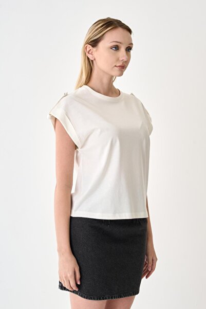 odelon Women's Epaulet 100% Cotton Ecru T-Shirt