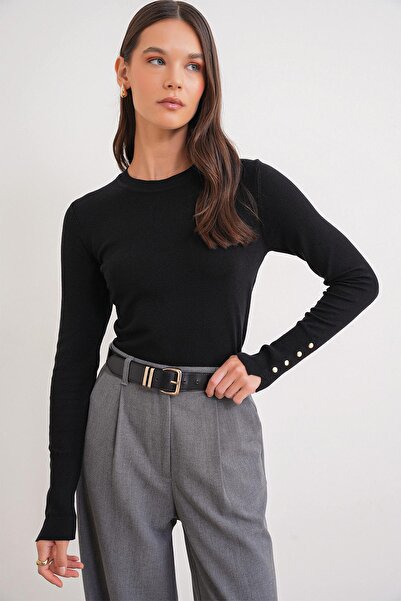 Mixray 6736 Női, legény nyakú, ujjú kötött pulóver, fekete