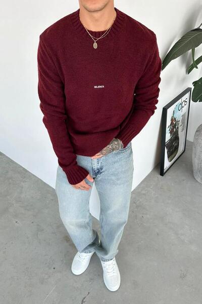 HAFKA Pulover Soft Relaxed cu broderie Sılence Burgundy