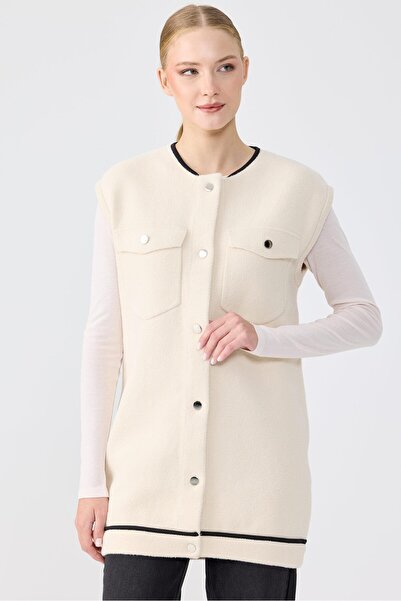 Tığ Triko Cep Detaylı Triko Yelek BEJ