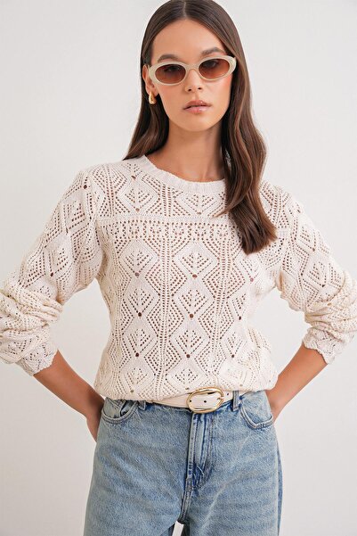 Mixray 6867 Women's Square Pattern Openwork Knitwear Sweater Natural