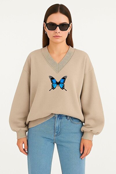 BENROMA SWEATSHIRT UNISEX CU DECOLTEU ÎN V CU IMPRIMARE FLUTURE