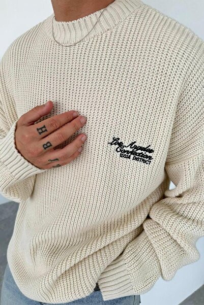 HAFKAGİYİM Krem Los Angeles Nakış Oversize Triko Kazak