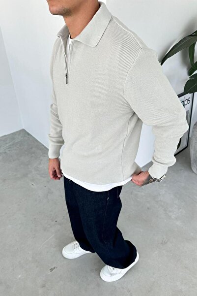 HAFKAGİYİM Gray Half-Zip Relaxed Knit Sweater